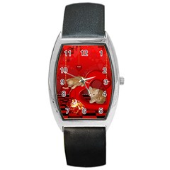 Cute, Playing Kitten With Hearts Barrel Style Metal Watch by FantasyWorld7