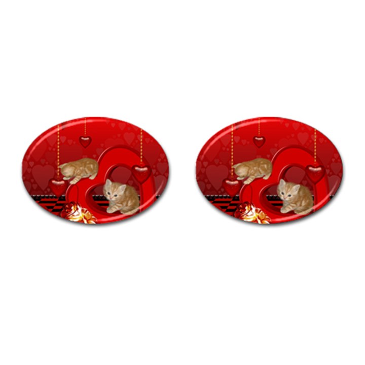 Cute, Playing Kitten With Hearts Cufflinks (Oval)