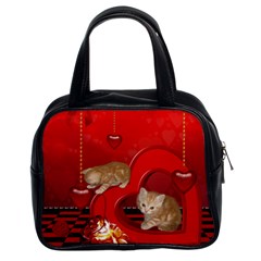 Cute, Playing Kitten With Hearts Classic Handbags (2 Sides) by FantasyWorld7