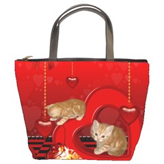 Cute, Playing Kitten With Hearts Bucket Bags by FantasyWorld7