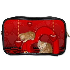 Cute, Playing Kitten With Hearts Toiletries Bags 2-side