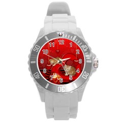 Cute, Playing Kitten With Hearts Round Plastic Sport Watch (l) by FantasyWorld7