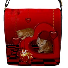 Cute, Playing Kitten With Hearts Flap Messenger Bag (s) by FantasyWorld7