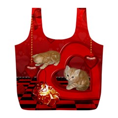 Cute, Playing Kitten With Hearts Full Print Recycle Bags (l)  by FantasyWorld7