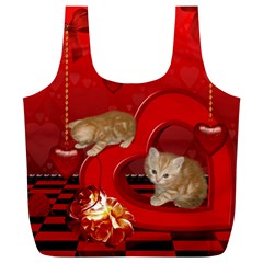 Cute, Playing Kitten With Hearts Full Print Recycle Bags (l)  by FantasyWorld7