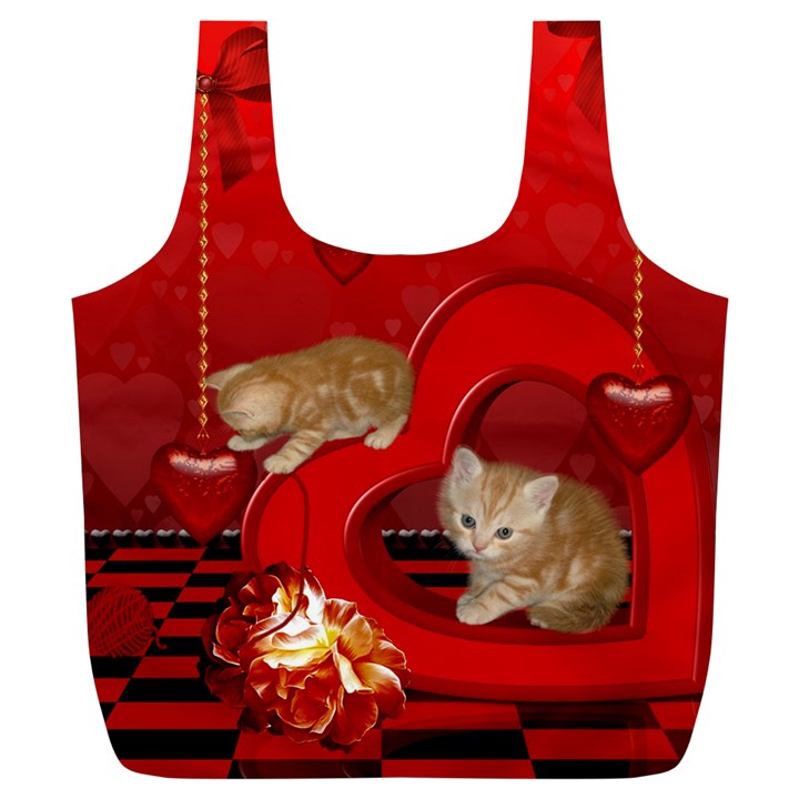 Cute, Playing Kitten With Hearts Full Print Recycle Bags (L) 