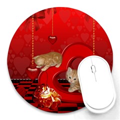 Cute, Playing Kitten With Hearts Round Mousepads by FantasyWorld7