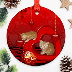 Cute, Playing Kitten With Hearts Ornament (round) by FantasyWorld7