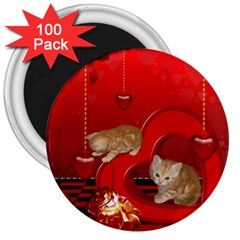 Cute, Playing Kitten With Hearts 3  Magnets (100 Pack) by FantasyWorld7