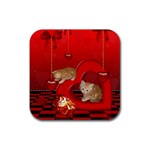 Cute, Playing Kitten With Hearts Rubber Coaster (Square)  Front