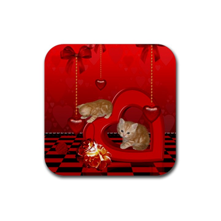 Cute, Playing Kitten With Hearts Rubber Coaster (Square) 