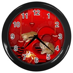 Cute, Playing Kitten With Hearts Wall Clocks (black) by FantasyWorld7