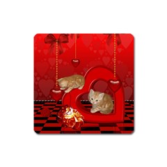 Cute, Playing Kitten With Hearts Square Magnet by FantasyWorld7