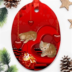 Cute, Playing Kitten With Hearts Oval Ornament (two Sides) by FantasyWorld7