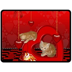 Cute, Playing Kitten With Hearts Fleece Blanket (large)  by FantasyWorld7