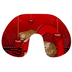 Cute, Playing Kitten With Hearts Travel Neck Pillows