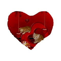 Cute, Playing Kitten With Hearts Standard 16  Premium Flano Heart Shape Cushions by FantasyWorld7