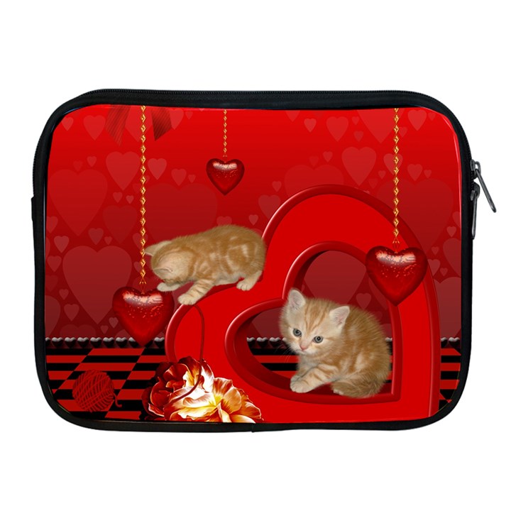 Cute, Playing Kitten With Hearts Apple iPad 2/3/4 Zipper Cases