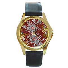 Aboriginal Art – Riverside Dreaming Round Gold Metal Watch by hogartharts