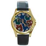 Aboriginal Art - Riverside Dreaming Round Gold Metal Watch Front