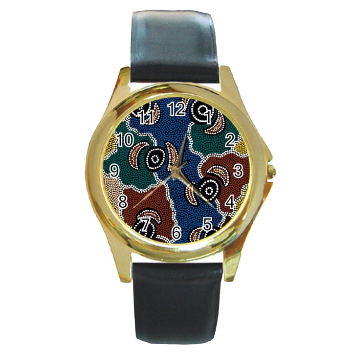 Aboriginal Art - Riverside Dreaming Round Gold Metal Watch