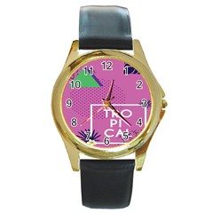 Behance Feelings Beauty Polka Dots Leaf Triangle Tropical Pink Round Gold Metal Watch