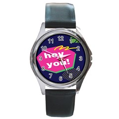 Behance Feelings Beauty Hey You Leaf Polka Dots Pink Blue Round Metal Watch by Mariart