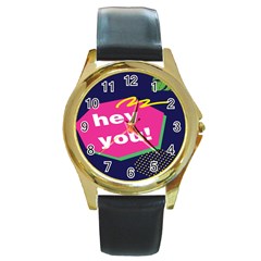 Behance Feelings Beauty Hey You Leaf Polka Dots Pink Blue Round Gold Metal Watch by Mariart