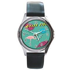 Behance Feelings Beauty Flamingo Bird Still Life Leaf Green Pink Red Round Metal Watch by Mariart