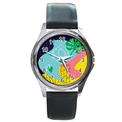 Behance Feelings Beauty Waves Blue Yellow Pink Green Leaf Round Metal Watch by Mariart