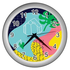 Behance Feelings Beauty Waves Blue Yellow Pink Green Leaf Wall Clocks (silver) 