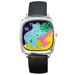 Behance Feelings Beauty Waves Blue Yellow Pink Green Leaf Square Metal Watch