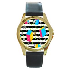 Cube Line Polka Dots Horizontal Triangle Pink Yellow Blue Green Black Flag Round Gold Metal Watch