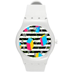 Cube Line Polka Dots Horizontal Triangle Pink Yellow Blue Green Black Flag Round Plastic Sport Watch (m) by Mariart