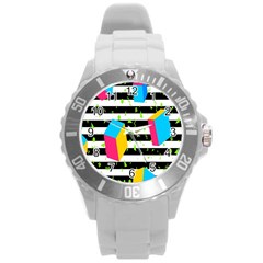 Cube Line Polka Dots Horizontal Triangle Pink Yellow Blue Green Black Flag Round Plastic Sport Watch (l) by Mariart