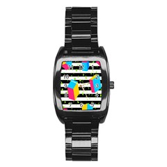 Cube Line Polka Dots Horizontal Triangle Pink Yellow Blue Green Black Flag Stainless Steel Barrel Watch