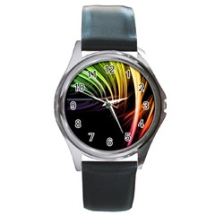 Colorful Abstract Fantasy Modern Green Gold Purple Light Black Line Round Metal Watch by Mariart