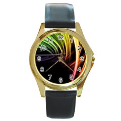 Colorful Abstract Fantasy Modern Green Gold Purple Light Black Line Round Gold Metal Watch by Mariart