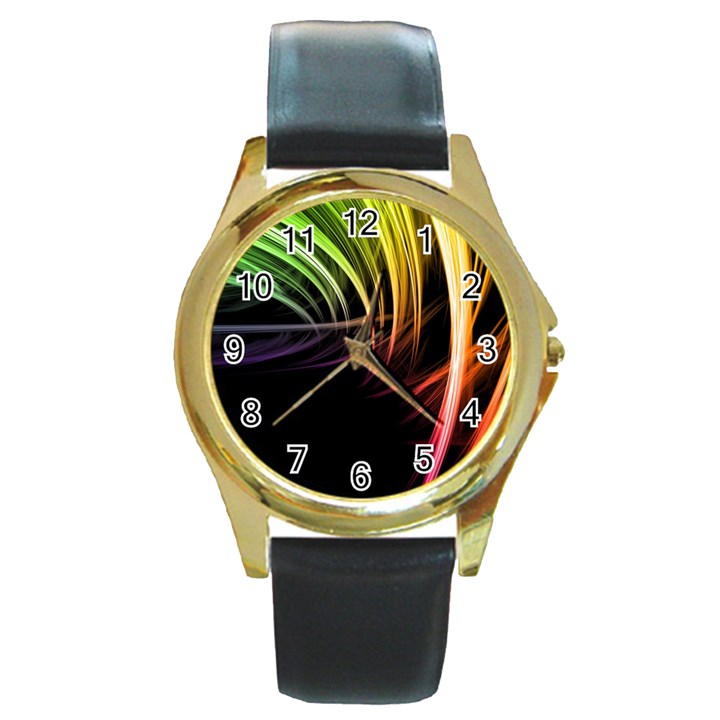 Colorful Abstract Fantasy Modern Green Gold Purple Light Black Line Round Gold Metal Watch