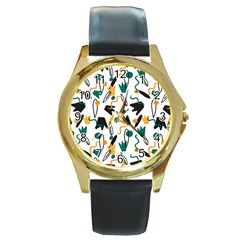 Flowers Duck Legs Line Round Gold Metal Watch by Mariart