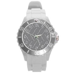 Escher Striped Black And White Plain Vinyl Round Plastic Sport Watch (l) by Mariart