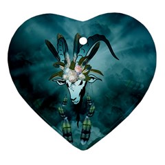 The Billy Goat  Skull With Feathers And Flowers Ornament (heart) by FantasyWorld7