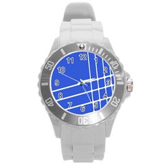 Line Stripes Blue Round Plastic Sport Watch (l)