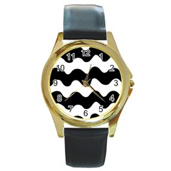 Lokki Cotton White Black Waves Round Gold Metal Watch by Mariart