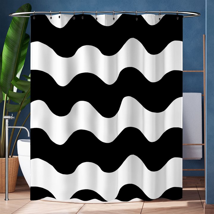 Lokki Cotton White Black Waves Shower Curtain 60  x 72  (Medium) 