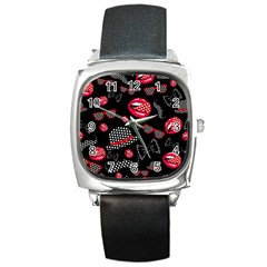 Lip Hat Vector Hipster Example Image Star Sexy Black Red Square Metal Watch by Mariart