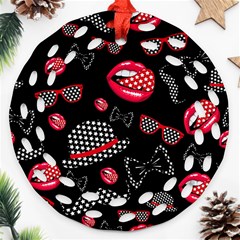 Lip Hat Vector Hipster Example Image Star Sexy Black Red Round Filigree Ornament (two Sides)