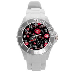 Lip Hat Vector Hipster Example Image Star Sexy Black Red Round Plastic Sport Watch (l) by Mariart