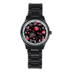 Lip Hat Vector Hipster Example Image Star Sexy Black Red Stainless Steel Round Watch by Mariart