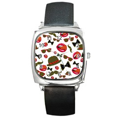 Lip Hat Vector Hipster Example Image Star Sexy Square Metal Watch by Mariart